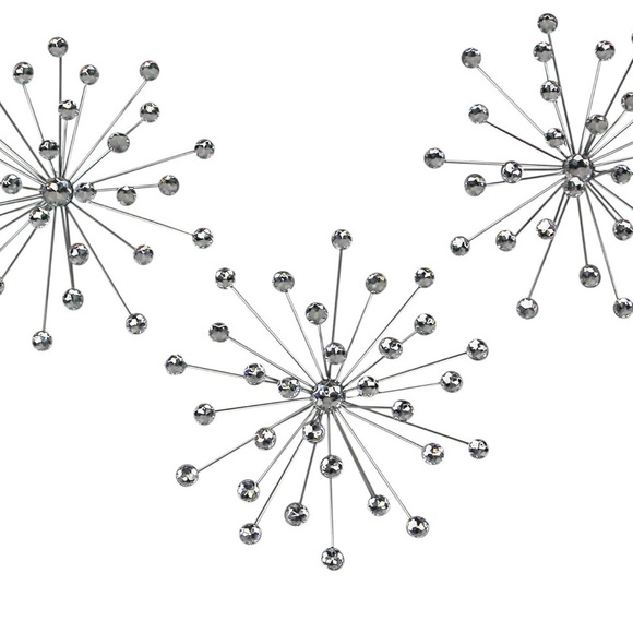Set of 3 Jeweled 3D Silver Metal Atomic Starburst Wall - Picture 5 of 7